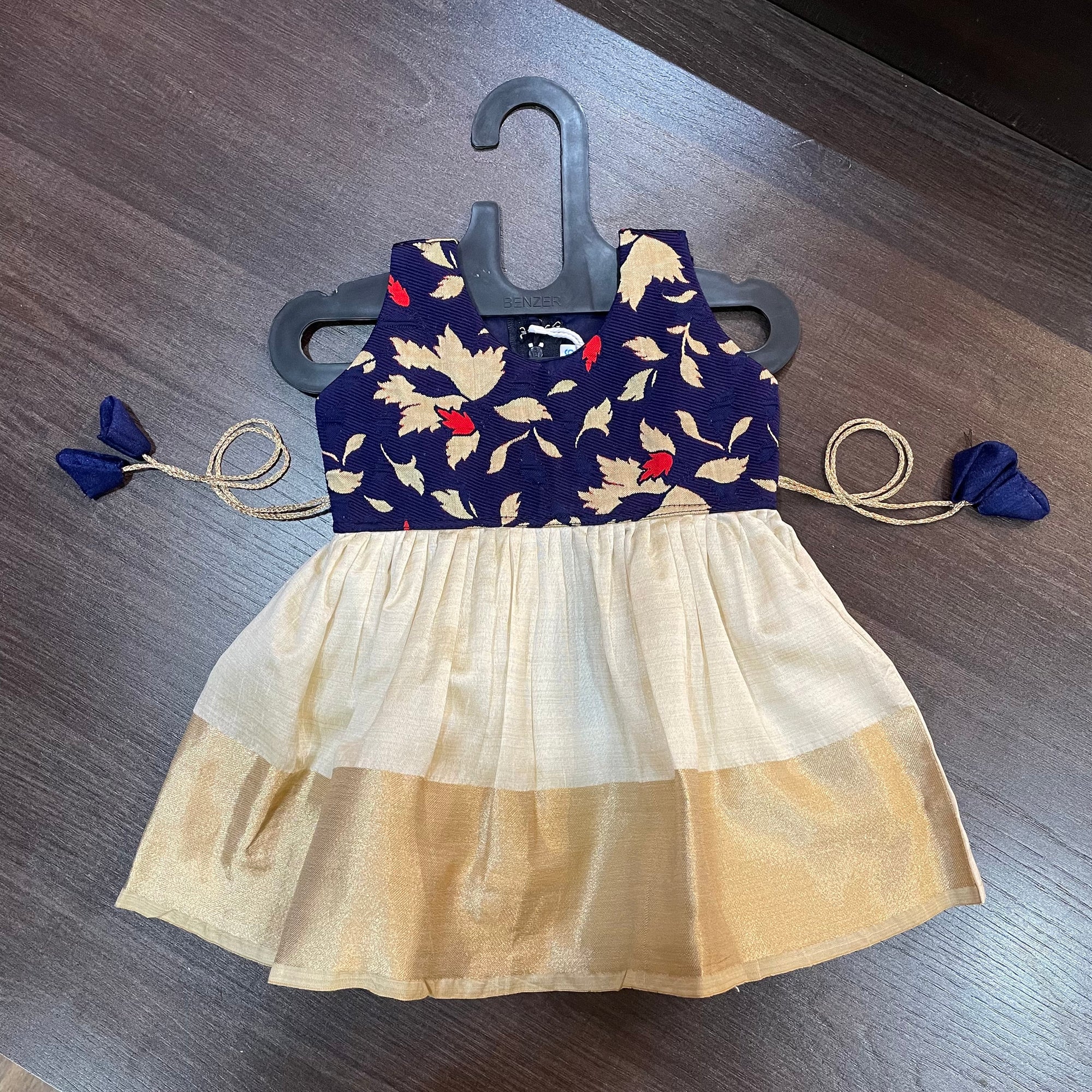 Cream Color Kasavu & Navy Sleeveless Combination Frock