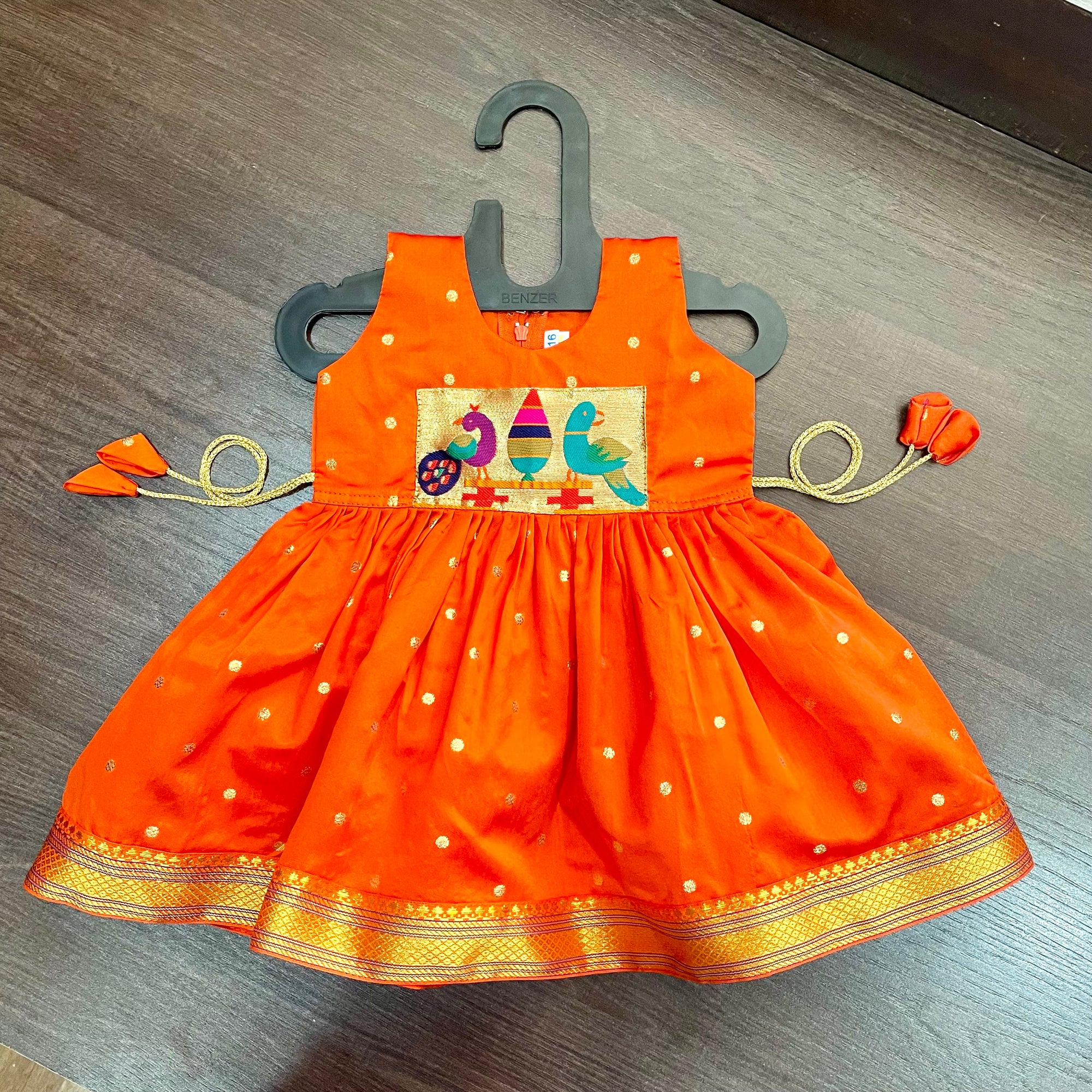 Orange Silk with Peacock Paithani Patch Dress