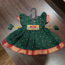 Load image into Gallery viewer, Bottle Green Silk Paithani Styled Peacock Patch Frock - MEEMORA FROCKS
