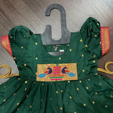 Load image into Gallery viewer, Bottle Green Silk Paithani Styled Peacock Patch Frock - MEEMORA FROCKS
