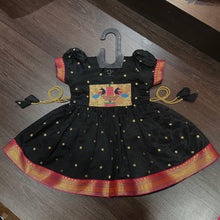 Load image into Gallery viewer, Black Silk Paithani Styled Peacock Patch Frock - MEEMORA FROCKS
