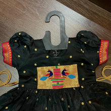 Load image into Gallery viewer, Black Silk Paithani Styled Peacock Patch Frock - MEEMORA FROCKS
