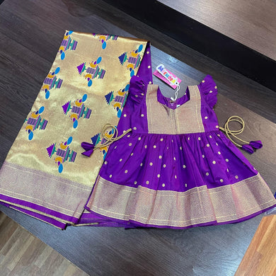 Purple Paithani Border Styled Frock & Peacock Pallu Saree Combo - MEEMORA FROCKS