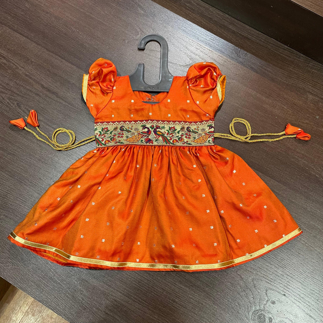 Orange Silk with Peacock Paithani Border Dress - MEEMORA FROCKS