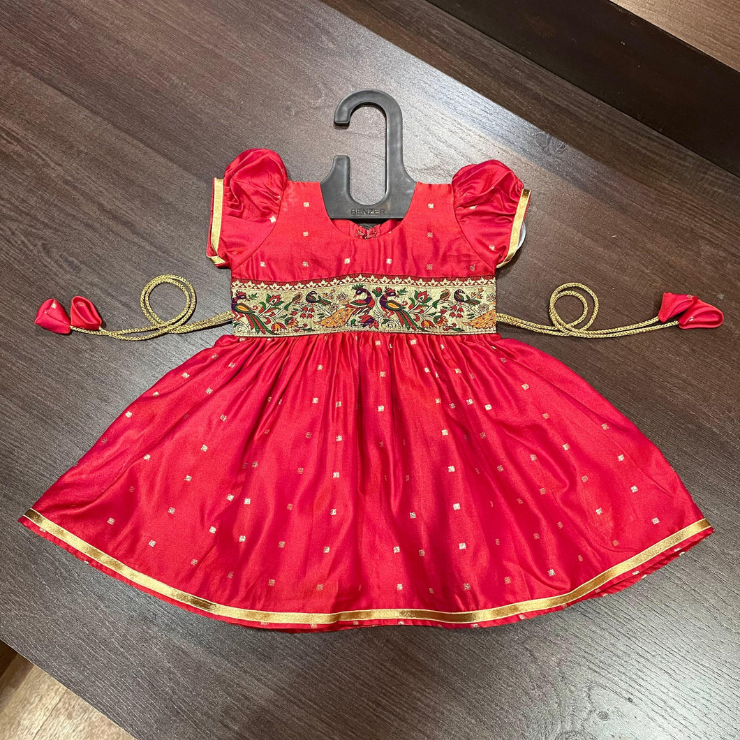 Cherry Silk with Peacock Paithani Border Dress - MEEMORA FROCKS