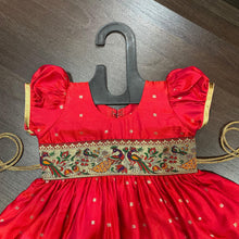 Load image into Gallery viewer, Cherry Silk with Peacock Paithani Border Dress - MEEMORA FROCKS
