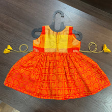 Load image into Gallery viewer, Orange Yellow sleevless checks Peacock Silk Frock Dress
