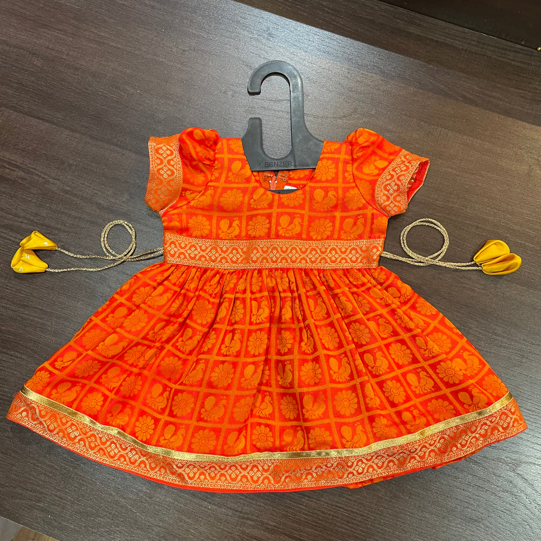 Orange Ballon Sleeves checks Peacock Silk Frock Dress
