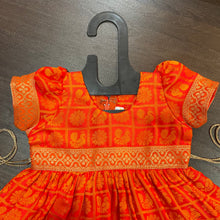 Load image into Gallery viewer, Orange Ballon Sleeves checks Peacock Silk Frock Dress
