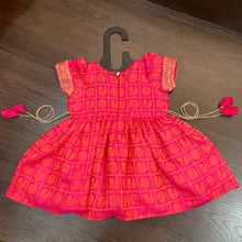 Load image into Gallery viewer, Peach Pink Ballon Sleeves checks Peacock Silk Frock Dress
