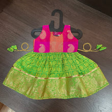 Load image into Gallery viewer, Parrot Green Rani sleevless checks Peacock Silk Frock Dress
