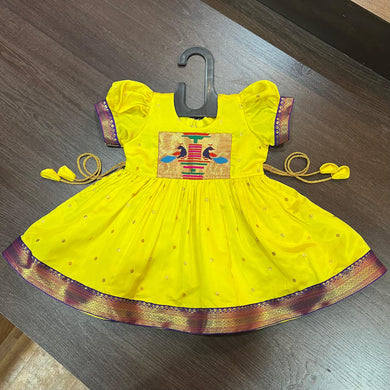 Yellow Silk Paithani Styled Peacock Patch Frock - MEEMORA FROCKS