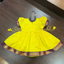 Load image into Gallery viewer, Yellow Silk Paithani Styled Peacock Patch Frock - MEEMORA FROCKS
