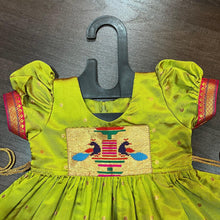 Load image into Gallery viewer, Lime Silk Paithani Styled Peacock Patch Frock - MEEMORA FROCKS
