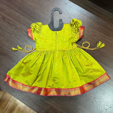 Load image into Gallery viewer, Lime Silk Paithani Styled Peacock Patch Frock - MEEMORA FROCKS
