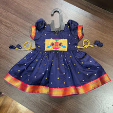 Load image into Gallery viewer, Navy Blue Silk Paithani Styled Peacock Patch Frock - MEEMORA FROCKS
