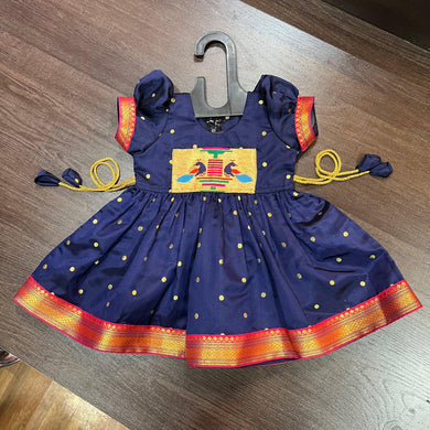 Navy Blue Silk Paithani Styled Peacock Patch Frock - MEEMORA FROCKS