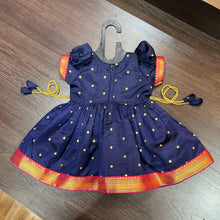 Load image into Gallery viewer, Navy Blue Silk Paithani Styled Peacock Patch Frock - MEEMORA FROCKS
