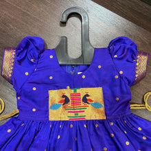 Load image into Gallery viewer, Indigo Silk Paithani Styled Peacock Patch Frock - MEEMORA FROCKS
