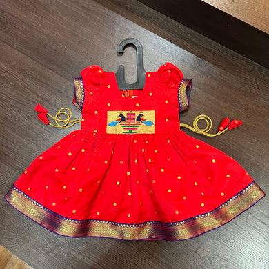 Bright Red Silk Paithani Styled Peacock Patch Frock - MEEMORA FROCKS