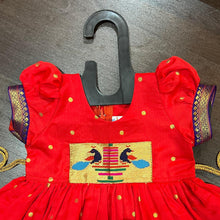 Load image into Gallery viewer, Bright Red Silk Paithani Styled Peacock Patch Frock - MEEMORA FROCKS
