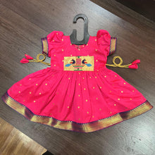 Load image into Gallery viewer, Neon Pink Silk Paithani Styled Peacock Patch Frock - MEEMORA FROCKS
