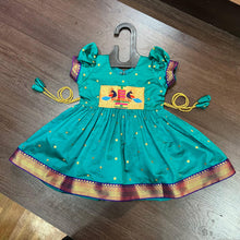 Load image into Gallery viewer, Sea Green Silk Paithani Styled Peacock Patch Frock - MEEMORA FROCKS
