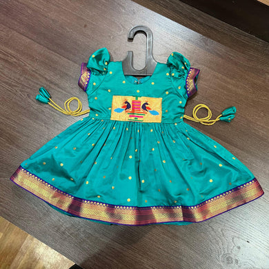 Sea Green Silk Paithani Styled Peacock Patch Frock - MEEMORA FROCKS