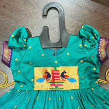Load image into Gallery viewer, Sea Green Silk Paithani Styled Peacock Patch Frock - MEEMORA FROCKS
