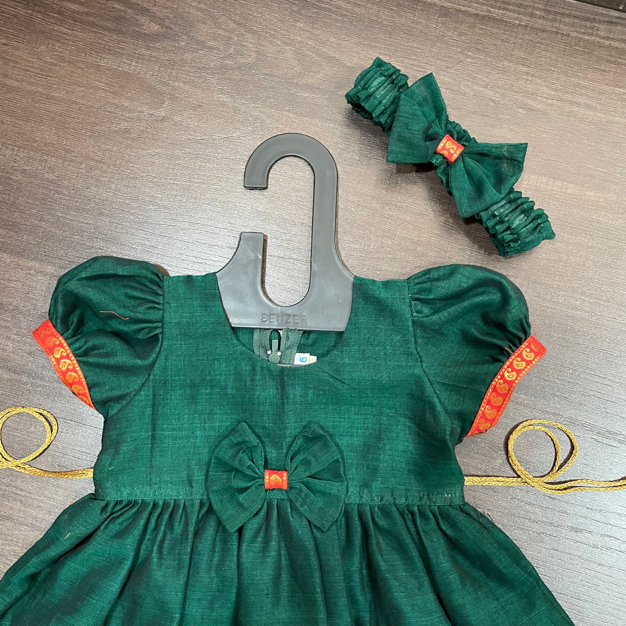 Bottle Green South Ilkal Border Frock Dress with Hair Belt