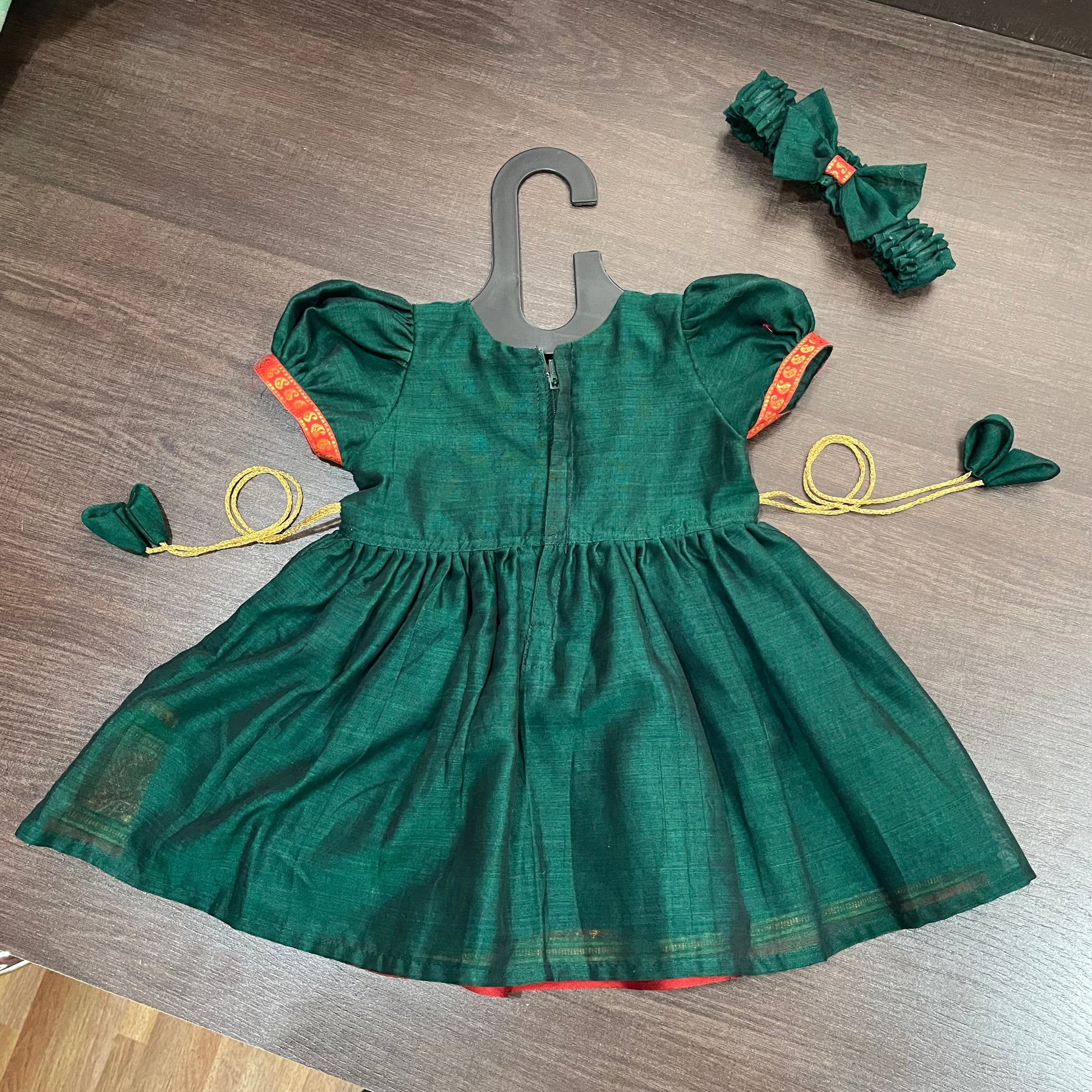 Bottle Green South Ilkal Border Frock Dress with Hair Belt