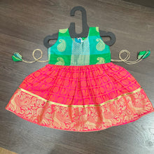 Load image into Gallery viewer, Green Pink sleevless checks Peacock Silk Frock Dress

