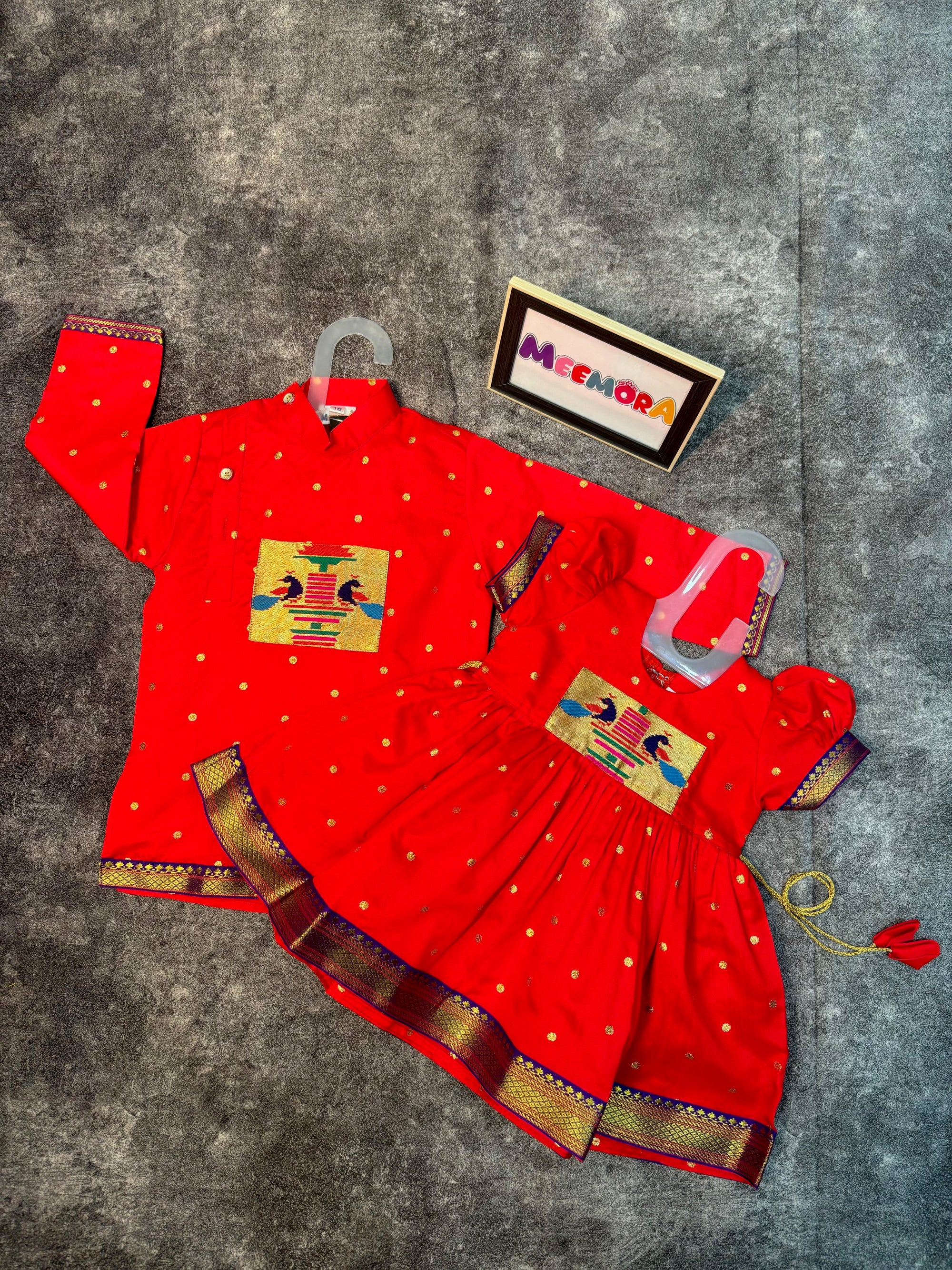 Red Paithani Styled Peacock Patch Frock & Kurta Pajama Combo