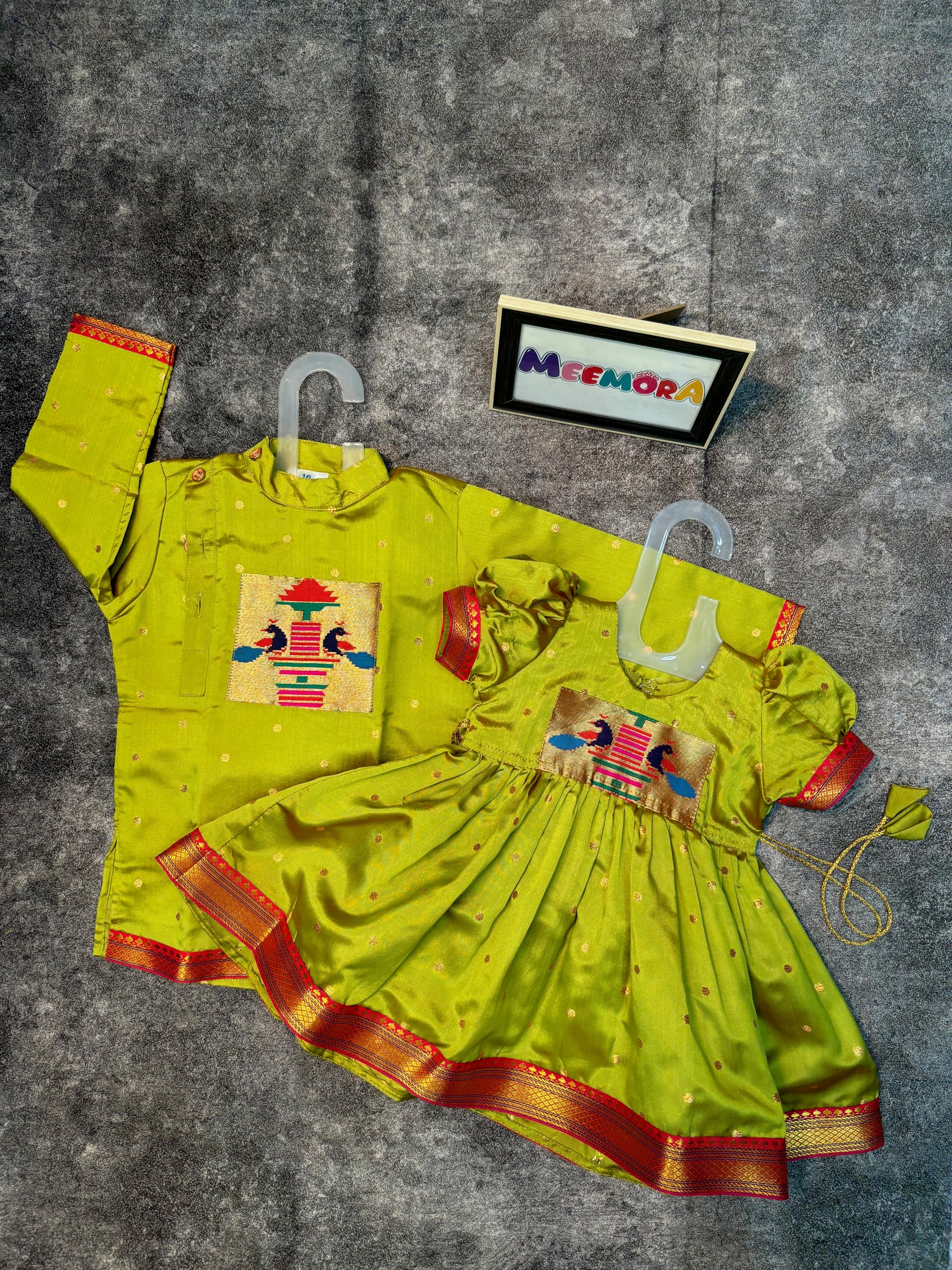 Lime Paithani Styled Peacock Patch Frock & Kurta Pajama Combo