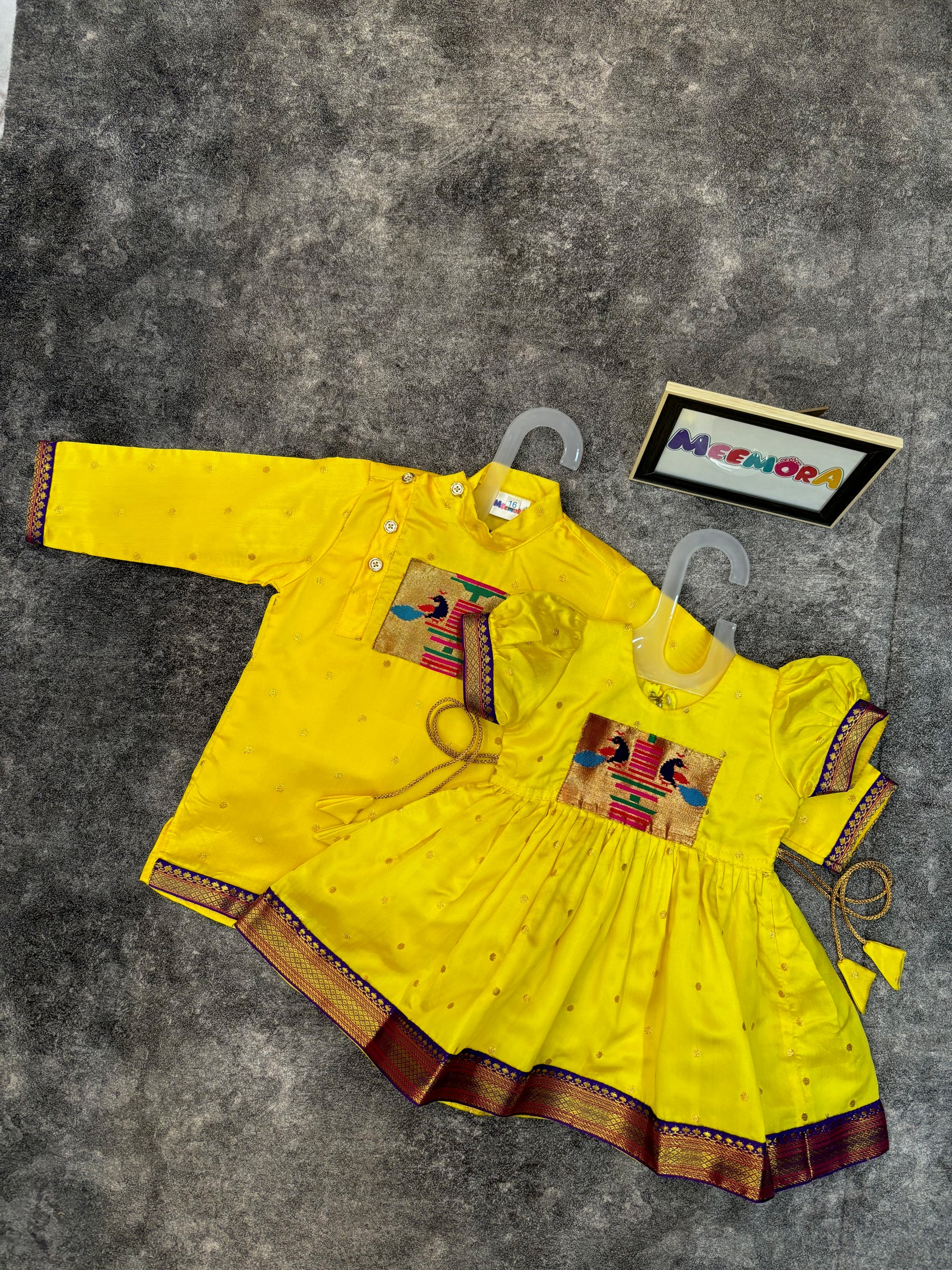 Yellow Paithani Styled Peacock Patch Frock & Kurta Pajama Combo