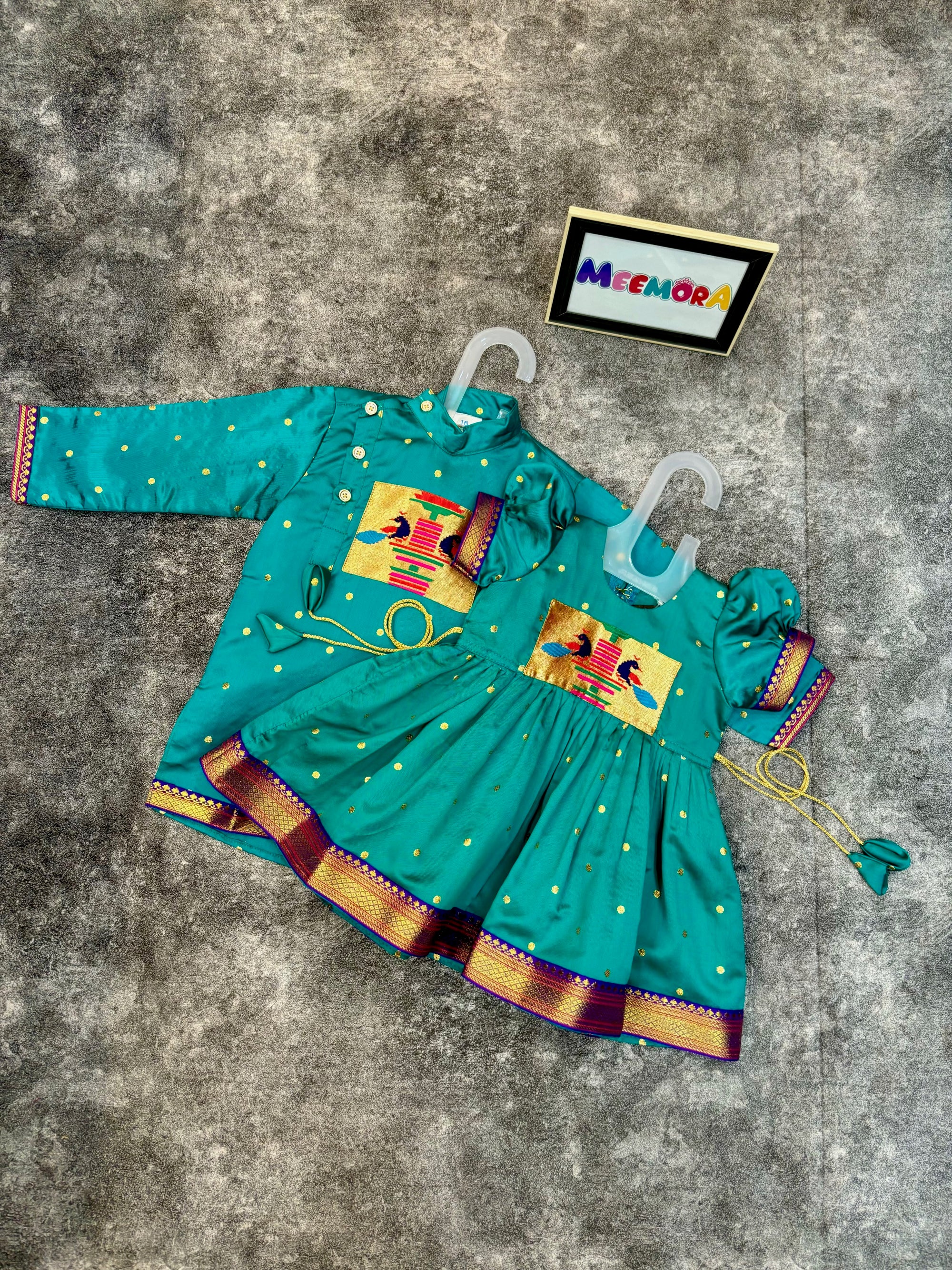 Sea Green Paithani Styled Peacock Patch Frock & Kurta Pajama Combo