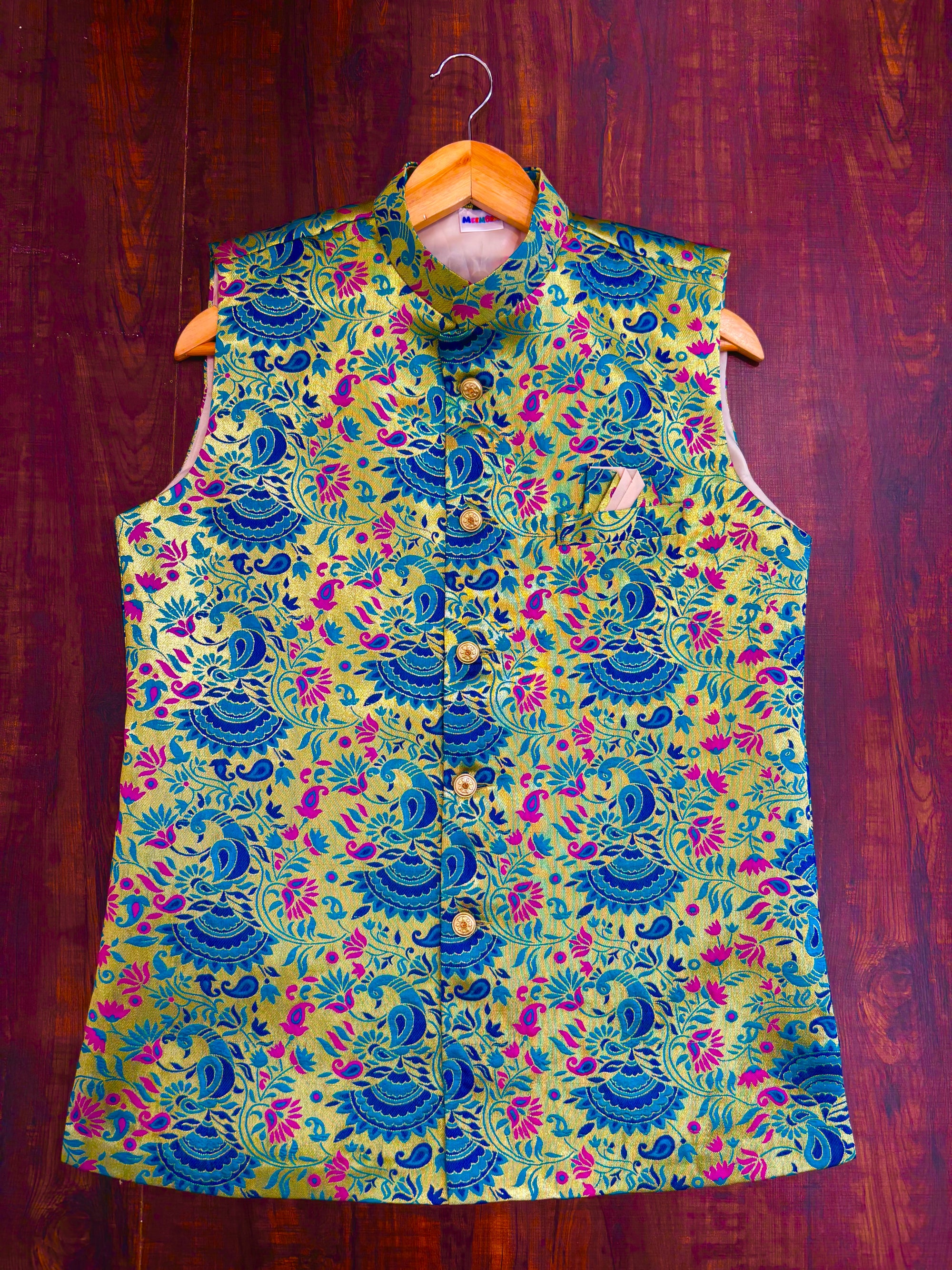 Seagreen Peacock Paithani Golden Zari Modi Jacket for Men