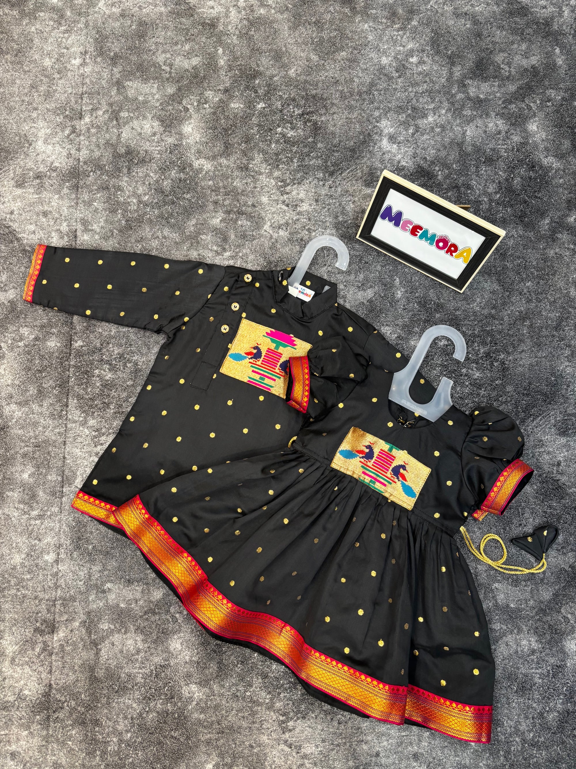 Black Paithani Styled Peacock Patch Frock & Kurta Pajama Combo