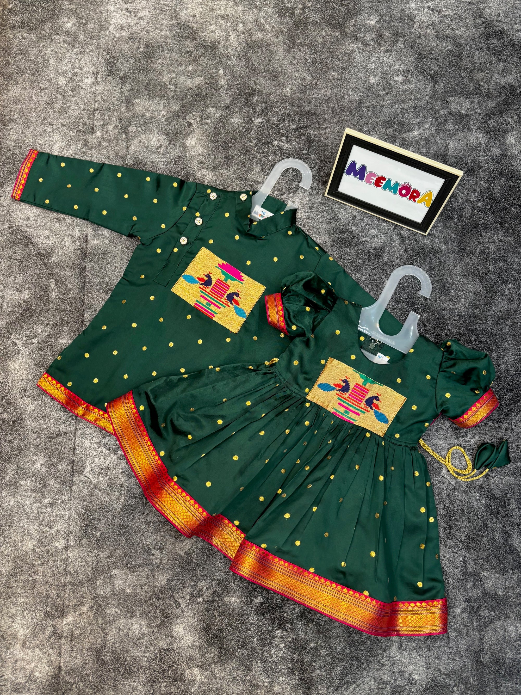 Bottle Green Paithani Styled Peacock Patch Frock & Kurta Pajama Combo