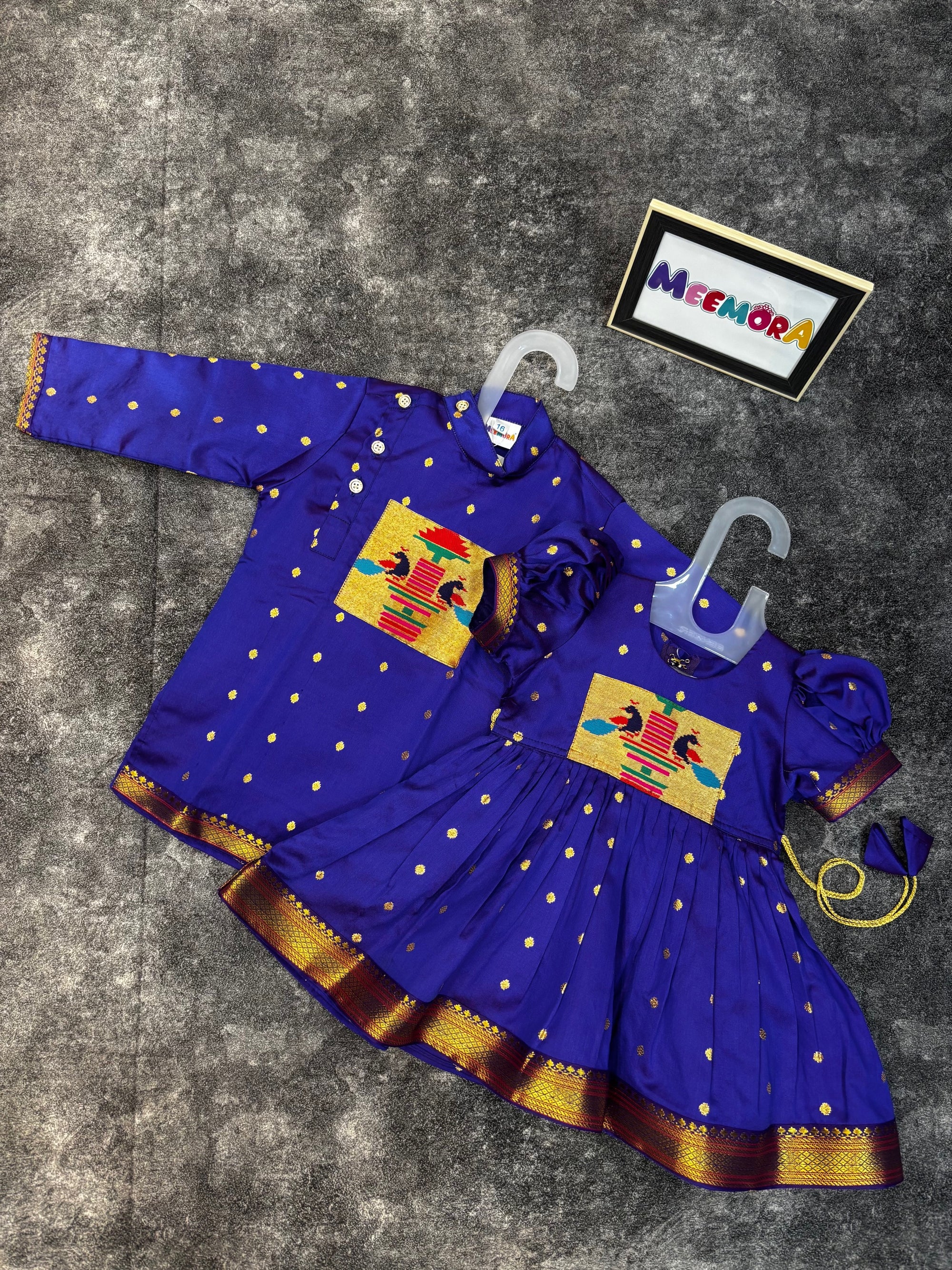 Indigo Paithani Styled Peacock Patch Frock & Kurta Pajama Combo