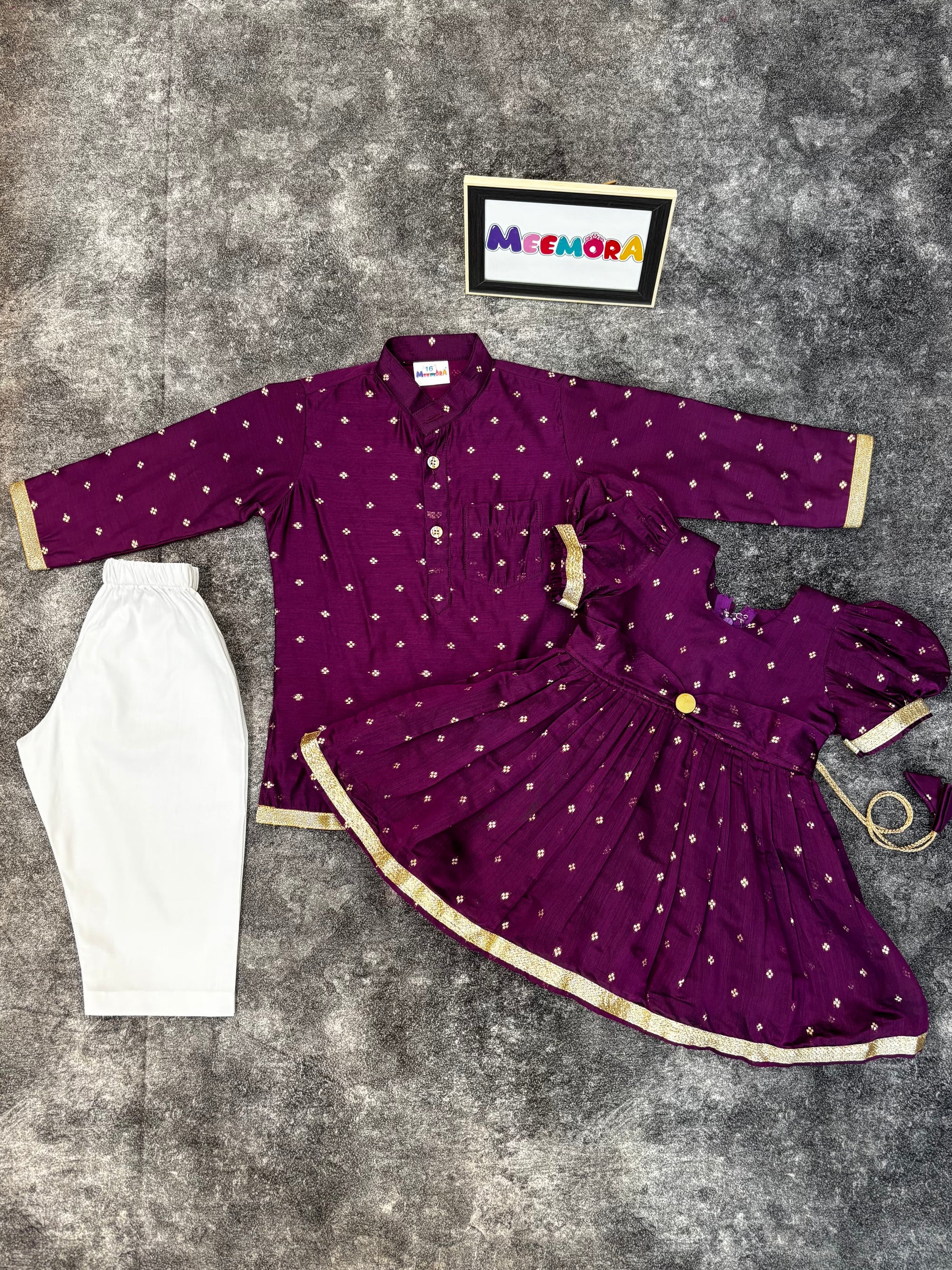 Wine Chanderi Silk Frock & Kurta Pajama Combo