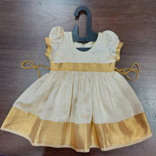 Load image into Gallery viewer, Cream Color Kasavu Silk Frock Dress - MEEMORA FROCKS
