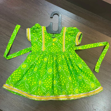 Parrot Green Bandhani Print Jaipuri Cotton Frock Dress - MEEMORA FROCKS