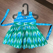 Load image into Gallery viewer, SKY BLUE GREEN COMBINATION PURE IKAT KNEE LENGTH FROCK DRESS - MEEMORA FROCKS
