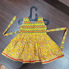 Load image into Gallery viewer, YELLOW &amp; ORANGE FLORAL ZIGZAG COMBINATION JAIPURI COTTON FROCK - MEEMORA FROCKS
