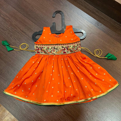 Bright Orange Sleeveless Silk with Peacock Paithani Border Dress - MEEMORA FROCKS