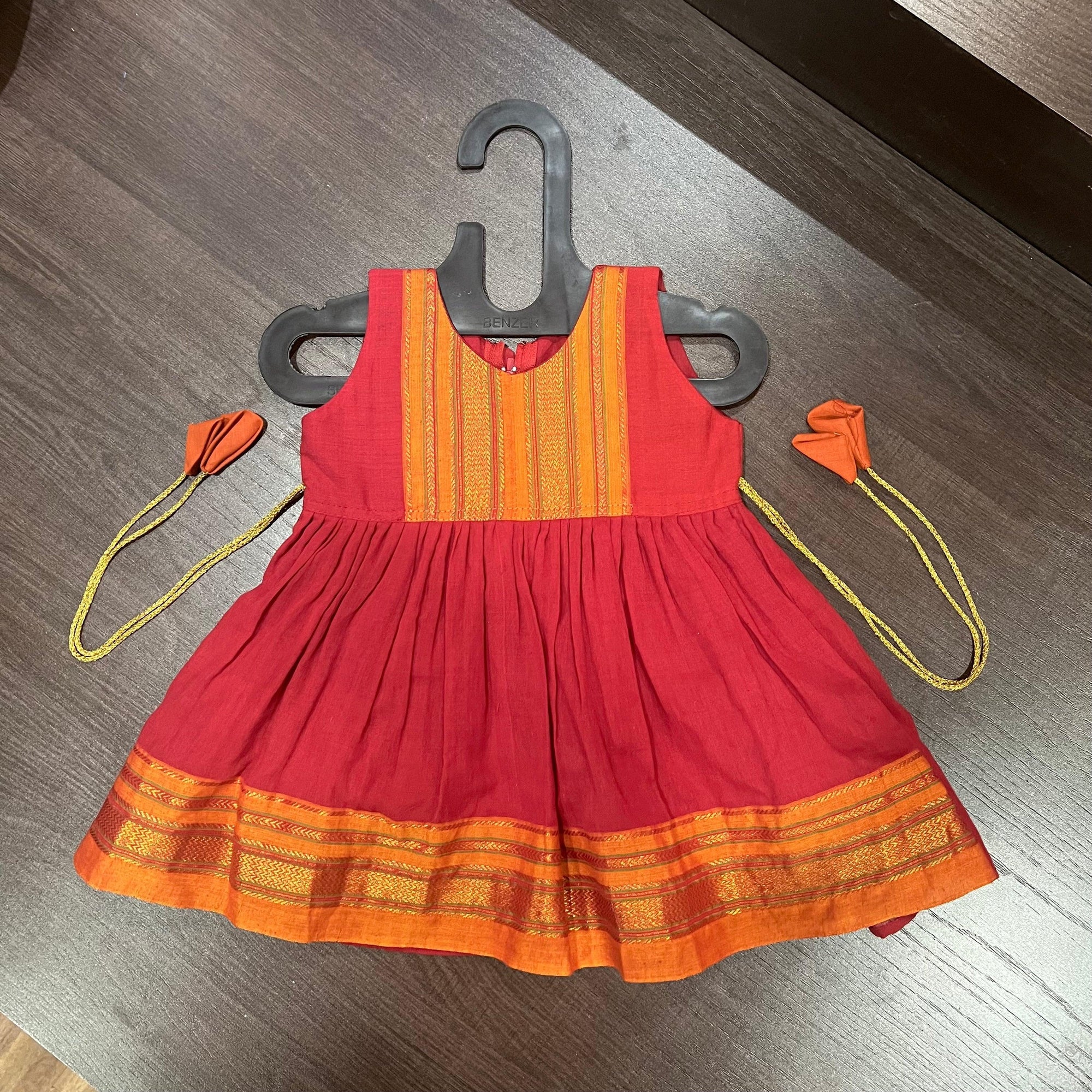 RED GOLDEN BORDER PATCH KNEE LENGTH FROCK DRESS - MEEMORA FROCKS