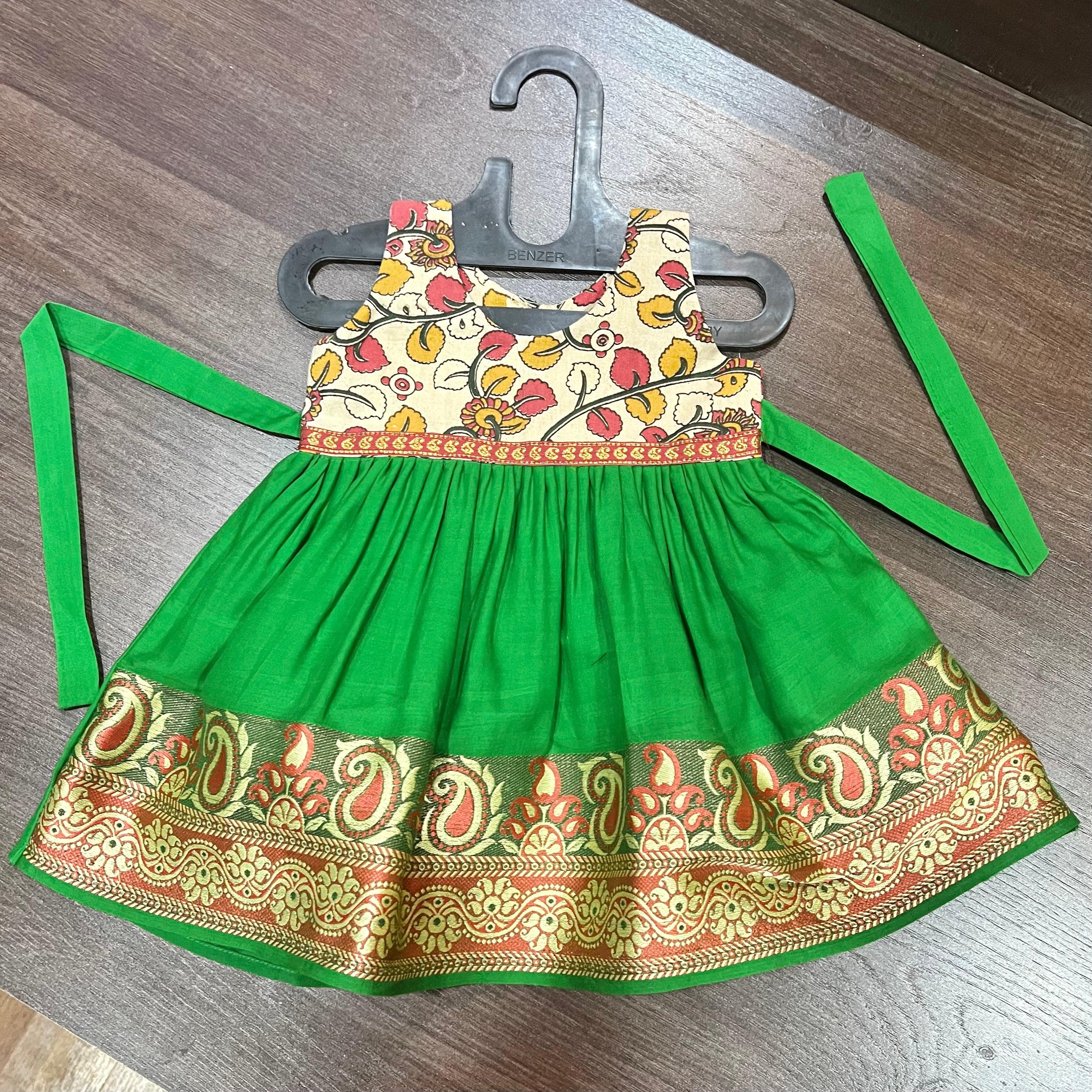 Parrot Green Cotton Border & Cream Floral Kalamkari Combination Frock ...