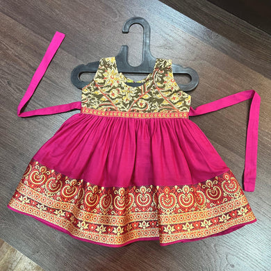 Pink Cotton Border & Olive Kalamkari Combination Frock Dress - MEEMORA FROCKS