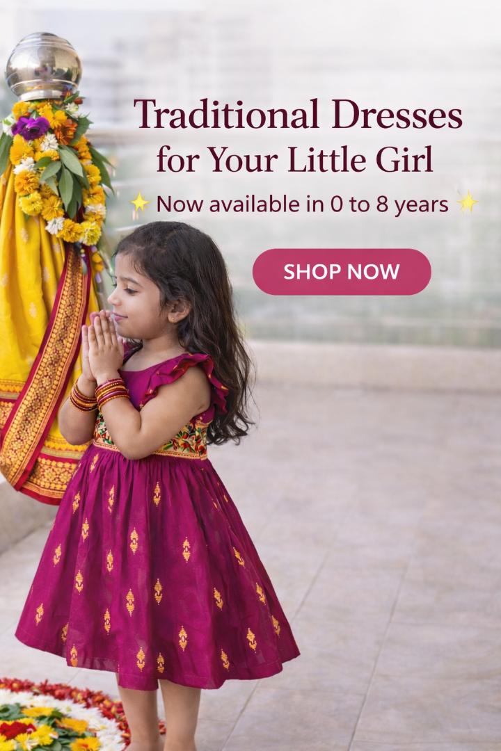 Young girl in a traditional dress with text promoting traditional dresses for children.